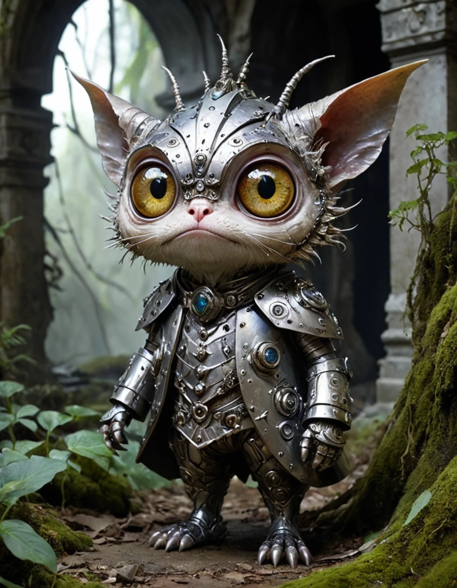 famous artwork by (todd lockwood:1.3) and (carl frank:1.1), detailed expressive eyes, fantasy style, the stunning wibblethorgle understands itself as the guardian of the much smaller dapper noodlegniffles, it is a semi-intelligent creature that likes to decorate its crystalline armor plates with mysterious etchings of rearmorgled skrunkleboop, the image shows it standing guard in an overgrown ruin filled with rimflongled artifacts on planet gullible tertius