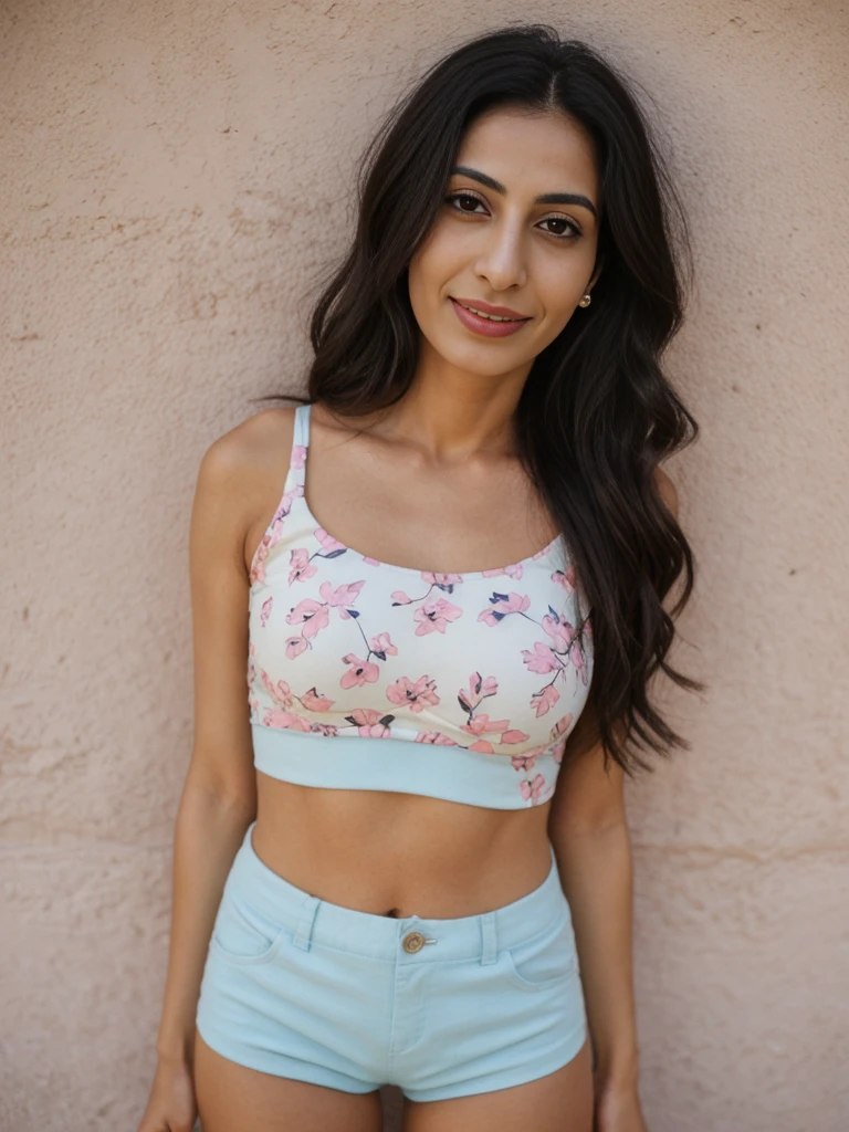 Rania, 1girl, solo, ((Egyptian woman)), consistent face and body, ((MILF)), ((30 years old)), (mature), ((slim)), ((Egyptian face)), (Egyptian nose), (Egyptian lips), ((long straight hair)), upper body and upper legs, (((background: printed wardrobe))), BREAK, (wearing pastel bra top and shorts), smirking, teasing