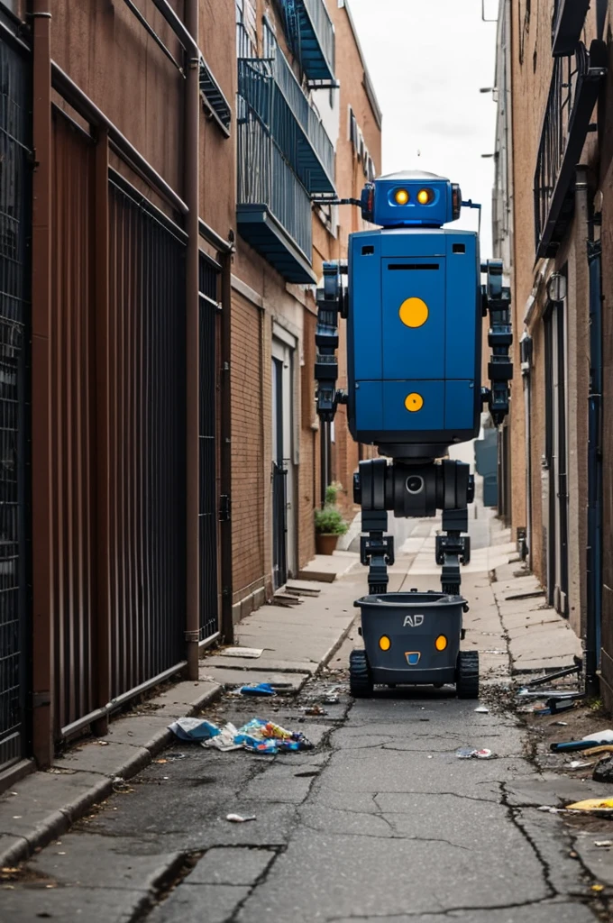 A robot is picking up trash in an alley.