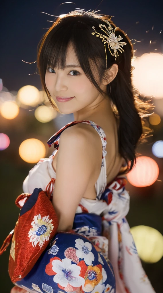 ((masterpiece(:1.4),Highest quality,Ultra-high resolution,Highest quality,8k,Extremely detailed,In detail))。night,Fireworks display,Summer festival,Japanese,Female college student,Big Breasts,Yukata,Hair tying,hair ornaments,hairpin,Drawstring bag,geta,cute,Clear,(Fireworks displayのnightに河川敷で花火を背景にしたスナップ写真),Hyper Quality