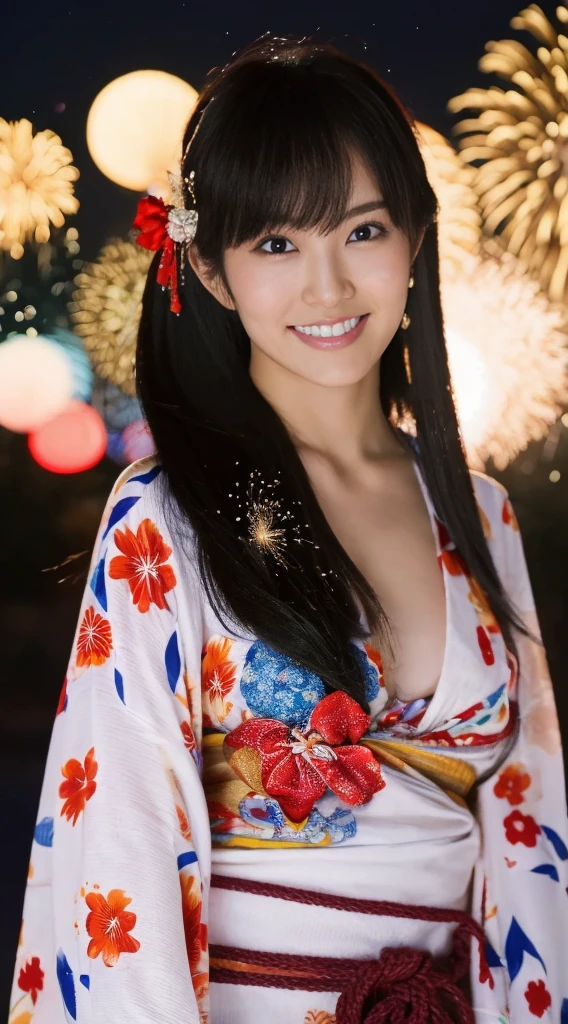 ((masterpiece(:1.4)，Highest quality，Ultra-high resolution，Highest quality，8k，Extremely detailed，In detail))。night，Fireworks display，Summer festival，Japanese，Female college student，Big Breasts，Yukata，Hair tying，hair ornaments，hairpin，Drawstring bag，geta，cute，Clear，(Fireworks displayのnightに河川敷で花火を背景にしたスナップ写真)，Hyper Quality