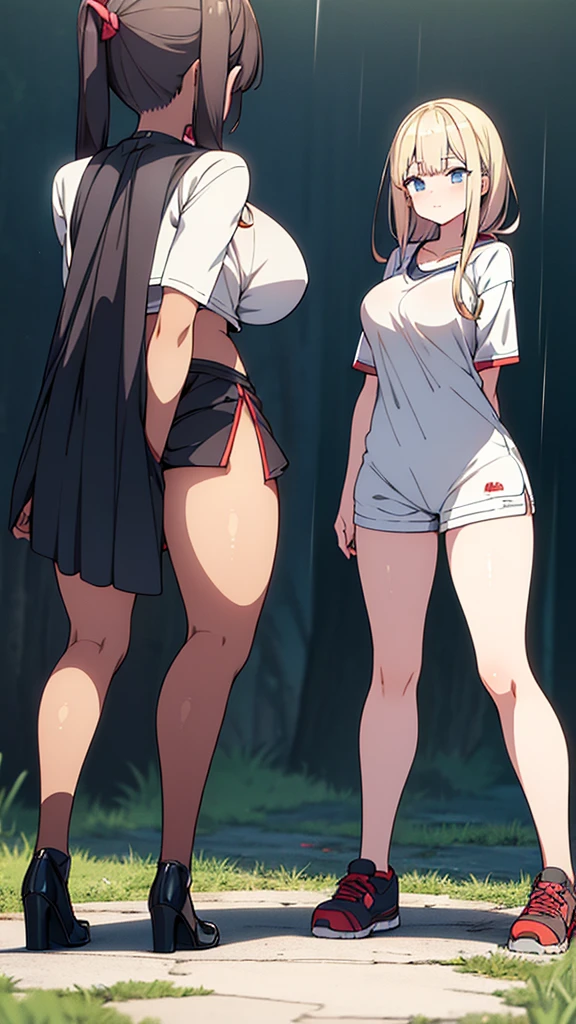 Full body image, front, two girl, twins, 18-year-old, Mix 4, (32K, RAW Photos, Highest quality, masterpiece:1.2), (Anime-like, photoAnime-like:1.37), cute, Casual wear, Short sleeve T-shirt,Shorts,Black knee socks, night, rain, Humidity, Professional Lighting, Photon Mapping, Radio City, Physically Based Rendering, Super Resolution, (Big Breasts:1.2), {{The biological weapon that had preyed on the younger sisters took her place and reunited with the older brother, The rebellious little sisters has become the obedient little sister}}, Girl Skull, whole body, NSFW