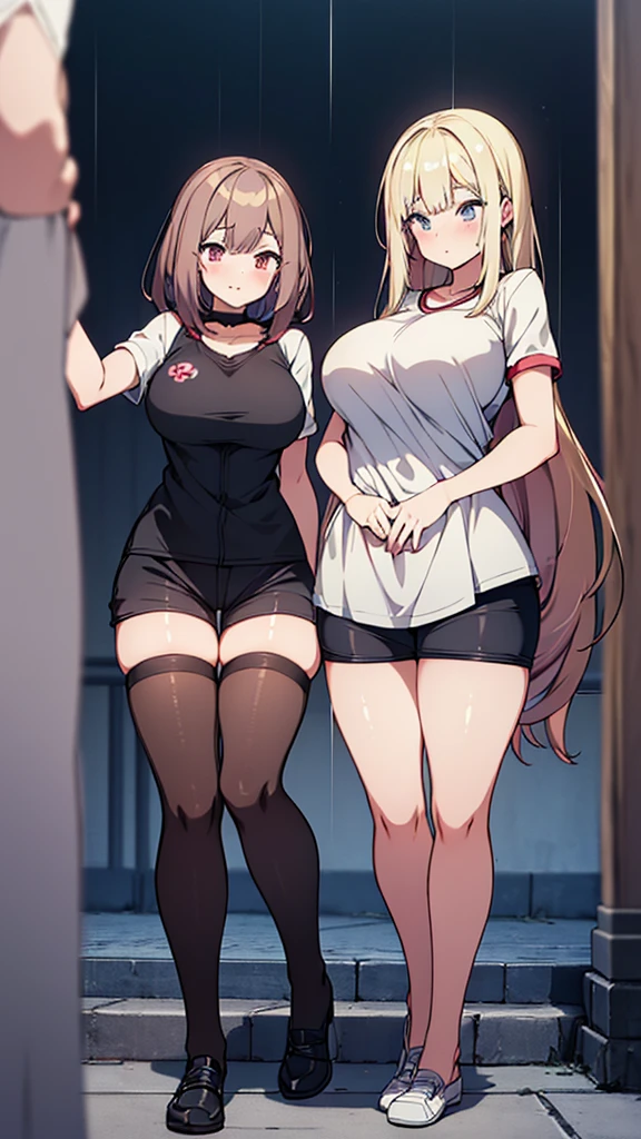 Full body image, front, two girl, twins, 18-year-old, Mix 4, (32K, RAW Photos, Highest quality, masterpiece:1.2), (Anime-like, photoAnime-like:1.37), cute, Casual wear, Short sleeve T-shirt,Shorts,Black knee socks, night, rain, Humidity, Professional Lighting, Photon Mapping, Radio City, Physically Based Rendering, Super Resolution, (Big Breasts:1.2), {{The biological weapon that had preyed on the younger sisters took her place and reunited with the older brother, The rebellious little sisters has become the obedient little sister}}, Girl Skull, whole body, NSFW
