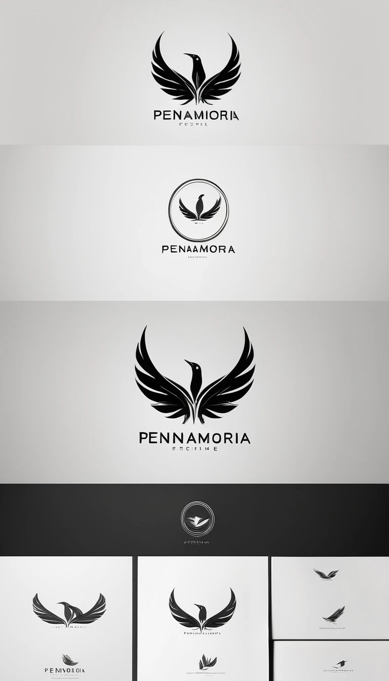 A minimal, modern, simple, cinematic logo design for the brand “Penamemoria". Create a modern, minimalistic, high-quality, logo of a feather-bird