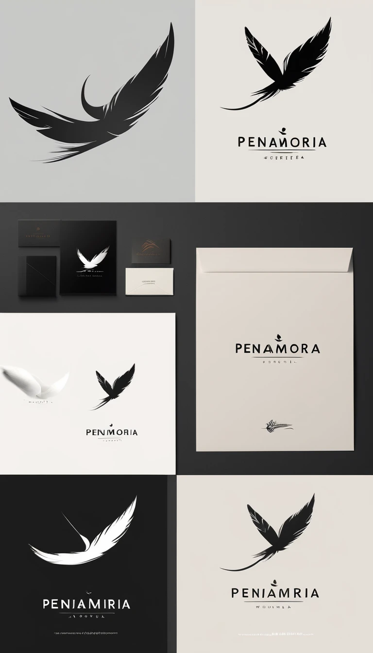 A minimal, modern, simple, cinematic logo design for the brand “Penamemoria". Create a modern, minimalistic, high-quality, logo of a feather-bird