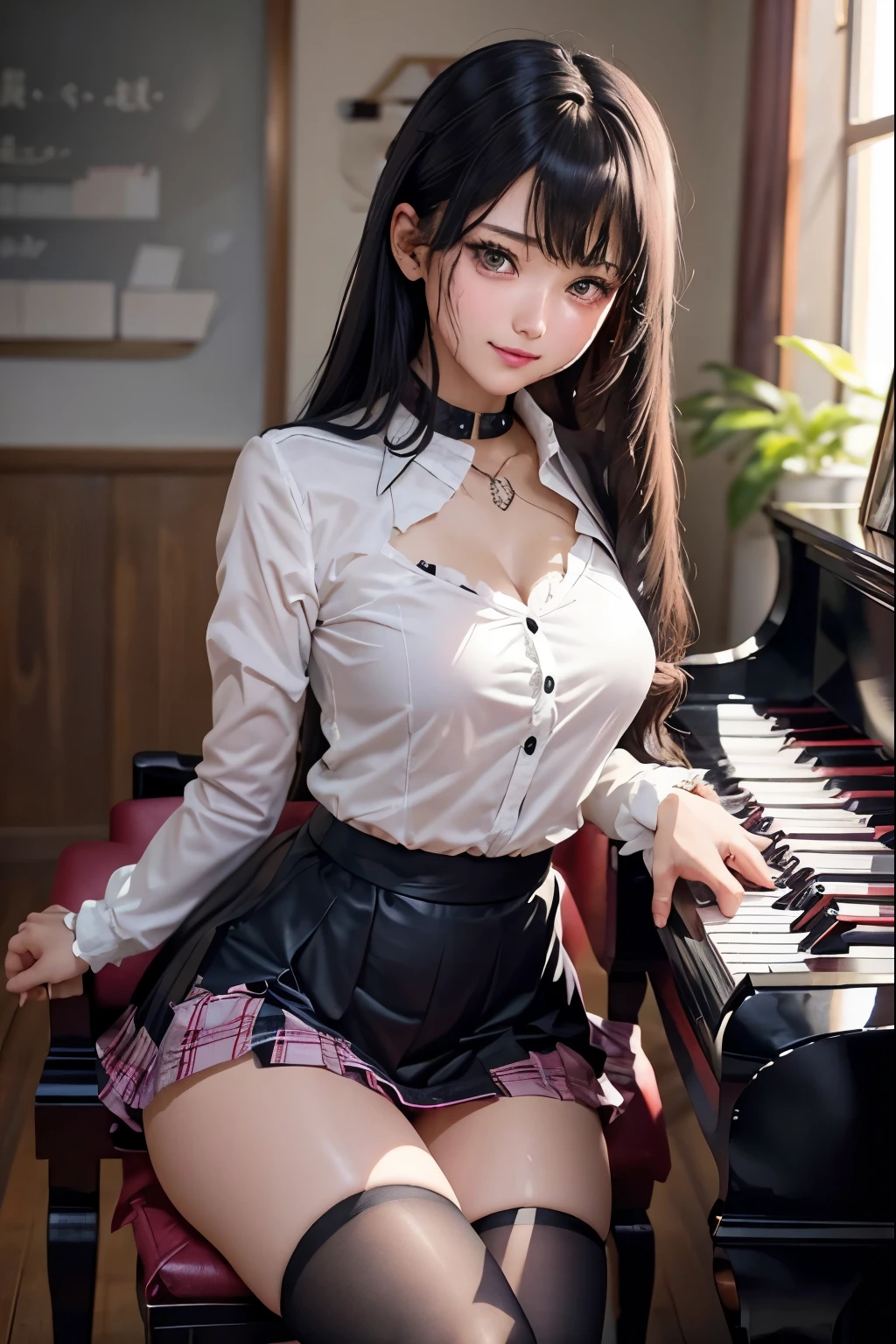 high school girlブレザー、high school girl、Red Check Skirt、JK Style、Jacket、smile、garter、Knee socks、Panty stocking、Otherworldly beauty、Extraordinarily cute、boredom、unusual beauty、Black dark eyeshadow、Sadness、Good skin glow、Long Hair Straight Hair、Dark Gothic Makeup、Dark smile、Beautiful woman、Stained Glass Background、On the table、Best Quality、5 reference books、Sweat glistens on my chest、Sweat glistens on my face、Thigh sweat、sweating、Black frills East size Regular size、Dark pink hair、Age 22 years old、Sweat sticks to my thighy thighs sweat a lot and get sticky.、Thighs are sticky and shiny、Sweating on thighs and chest、Chest size: S、Slightly slim、全身sweating、play piano、sit and play an instrument、The legs are thin、