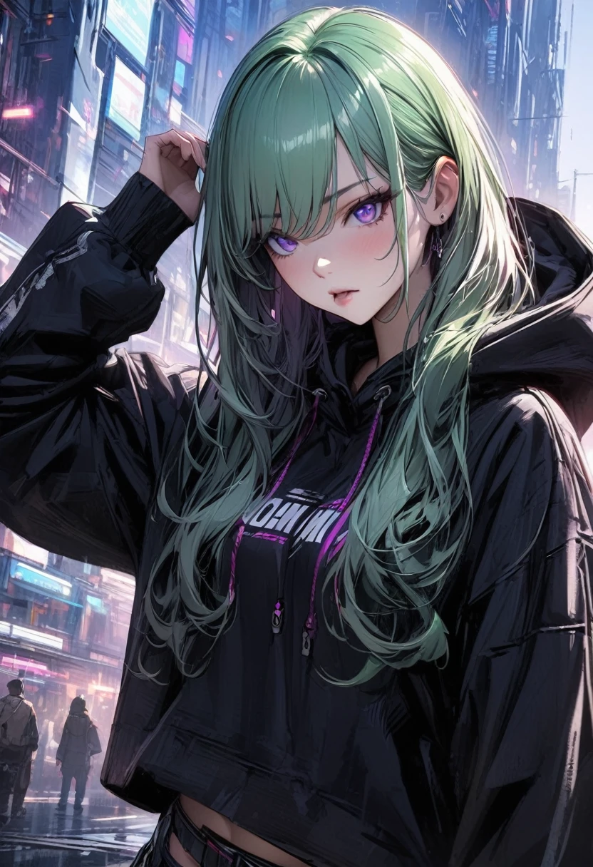 Young girl light green long hair purple eyes cyberpunk hoodie high quality masterpiece high details