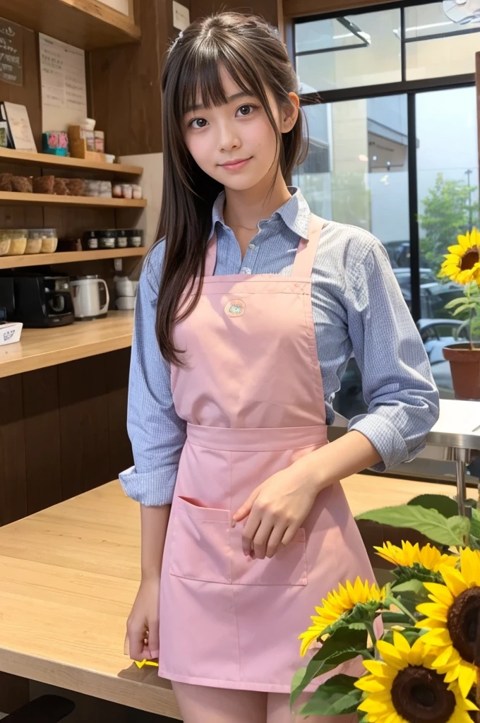 20 years old girl (Japanese cute face) is wearing mini skirt and pink apron and working at the cafe with sunflowers