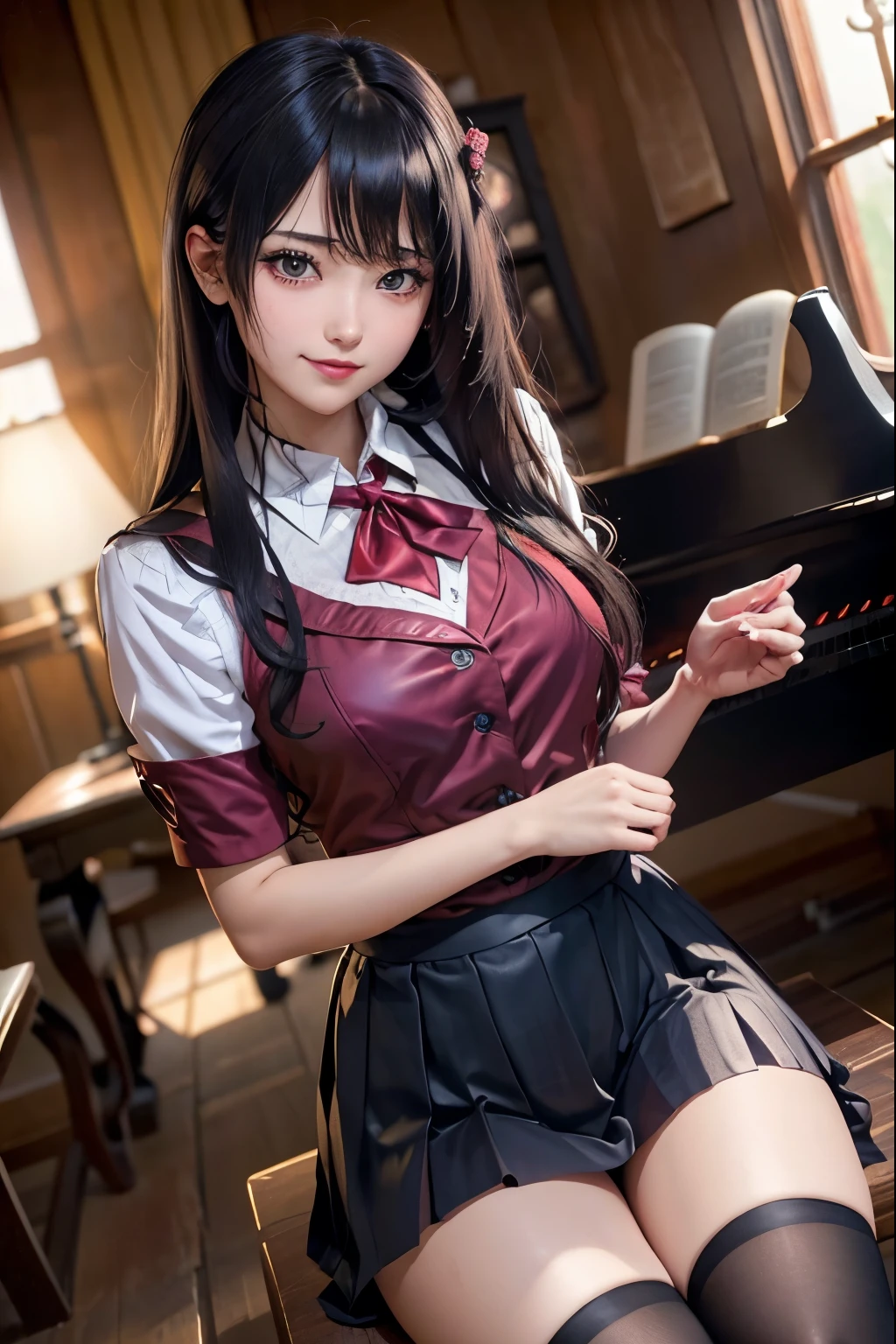 high school girlブレザー、high school girl、Red Check Skirt、JK Style、Jacket、smile、garter、Knee socks、Panty stocking、Otherworldly beauty、Extraordinarily cute、boredom、unusual beauty、Black dark eyeshadow、Sadness、Good skin glow、Long Hair Straight Hair、Dark Gothic Makeup、Dark smile、Beautiful woman、Stained Glass Background、On the table、Best Quality、5 reference books、Sweat glistens on my chest、Sweat glistens on my face、Thigh sweat、sweating、Black frills East size Regular size、Dark pink hair、Age 22 years old、Sweat sticks to my thighy thighs sweat a lot and get sticky.、Thighs are sticky and shiny、Sweating on thighs and chest、Chest size: S、Slightly slim、全身sweating、play piano、sit and play an instrument、The legs are thin、