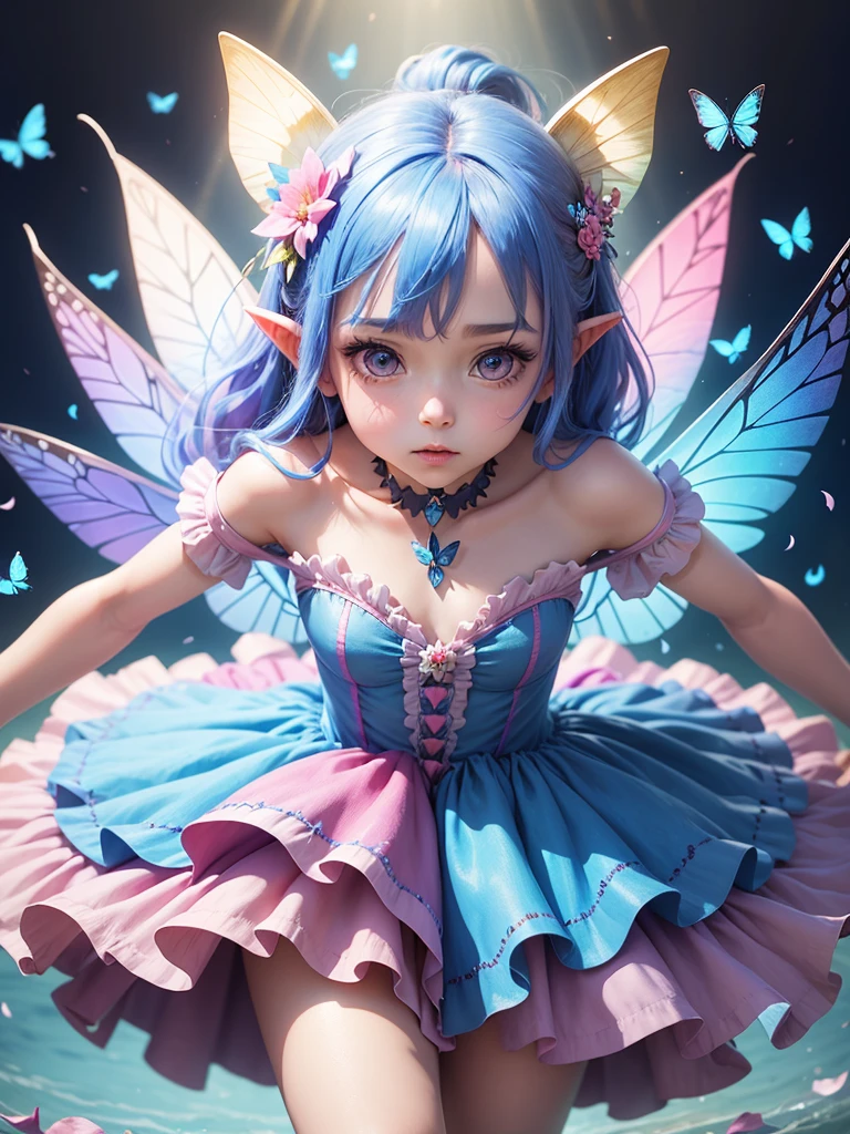 cute little Fairy, blue butterfly, Rainbow hair, pink eyes, dress pointy ears dress made of petals leaves leaning forward