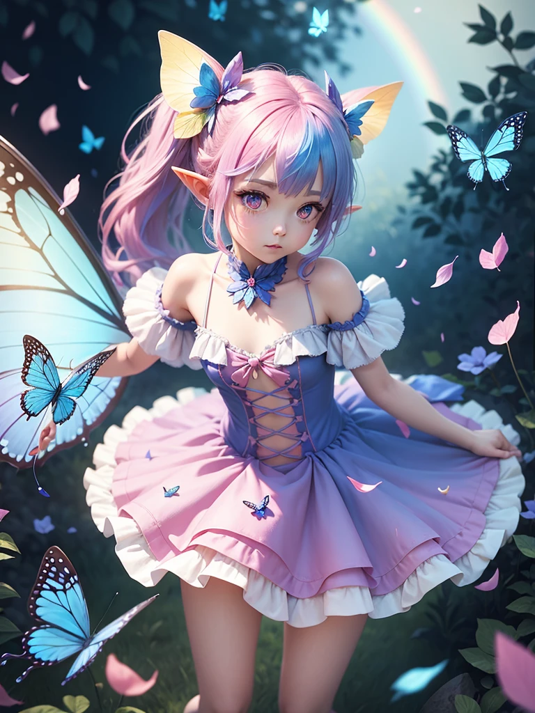 cute little Fairy, blue butterfly, Rainbow hair, pink eyes, dress pointy ears dress made of petals leaves leaning forward