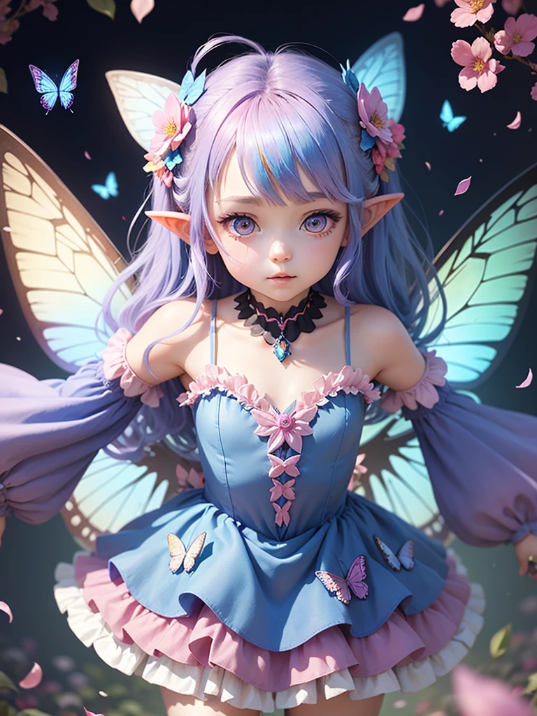 cute little Fairy, blue butterfly, Rainbow hair, pink eyes,  dress pointy ears dress made of petals leaves leaning forward