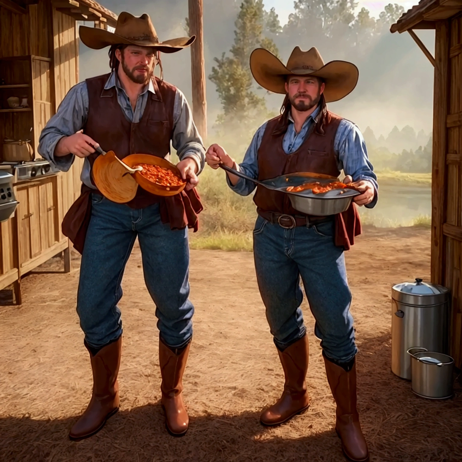 Two cowboys, One is grilling barbecue, The other is making chili con carne in a dutch oven, hat, boots, 2horses, outdoor, realistic, hyper-realistic, photorealistic,ultra-detailed,(realistic,photorealistic,photo-realistic:1.37),vivid colors,dramatic lighting,