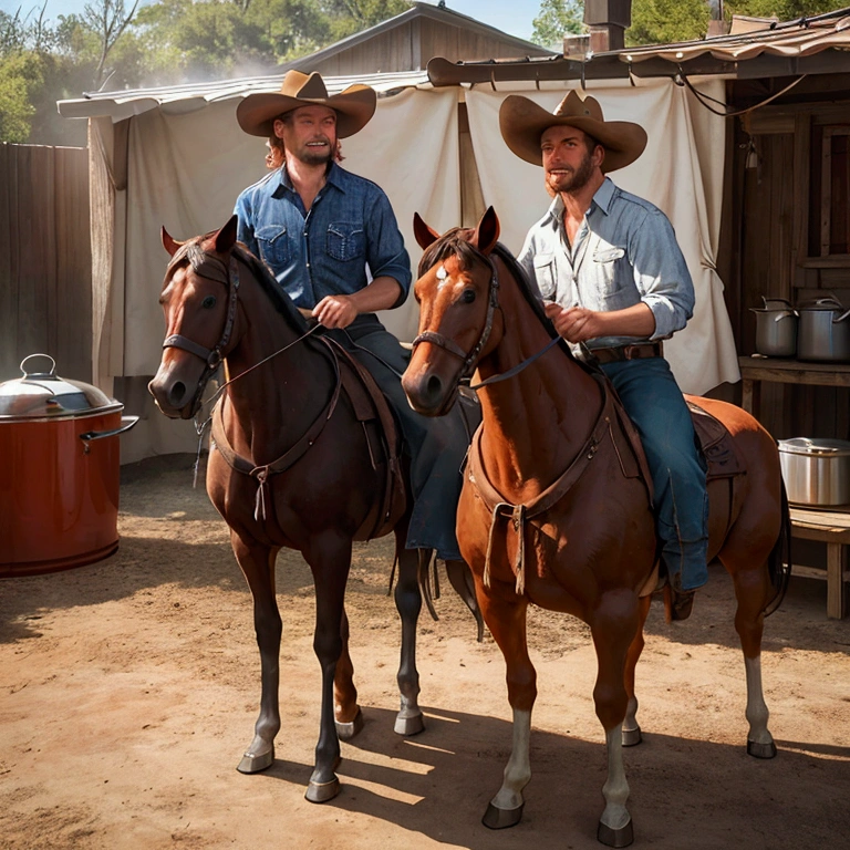 Two cowboys, One is grilling barbecue, The other is making chili con carne in a dutch oven, hat, boots, 2horses, outdoor, realistic, hyper-realistic, photorealistic,ultra-detailed,(realistic,photorealistic,photo-realistic:1.37),vivid colors,dramatic lighting,