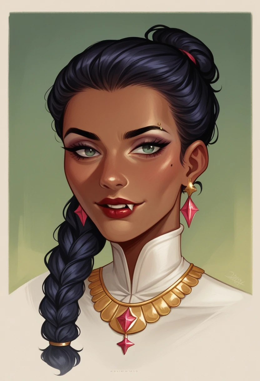 A black woman with dark skin is the main subject of the portrait. Her hair is styled in elaborate copper braided hair, shining beautifully. Her smooth skin is flawlessly highlighted, and she has a mole on her cheek that adds a touch of charm. She has luscious, juicy red lips that stand out. Her makeup gives her a stunning baddie look, enhancing her natural beauty. She is dressed in a stylish street outfit, reflecting her unique personality. Her body has an hourglass shape, making her figure alluring and voluptuous. The woman wears black sunglasses that add an element of mystery to her appearance. She has a piercing, which adds an edgy and rebellious vibe. Additionally, she has angel fangs that peek out when she smiles, giving her an intriguing and ethereal quality. Her silver accessories, such as necklaces, bracelets, and rings, complement her overall look and add a touch of glamour. The portrait is set in a park scenario. The lush greenery creates a serene and natural backdrop for the woman. The lighting is softly diffused, highlighting her features and creating a flattering atmosphere. The color palette is rich and vibrant, with warm tones that accentuate her dark skin and the overall mood of the portrait. This prompt ensures the best quality, with a focus on ultra-detailed and realistic representation. The level of detail in the artwork will be akin to a masterpiece, with high resolution (4K, 8K) that captures every intricate element. The portrait will have a photorealistic touch, making it appear as if it were a photograph brought to life. Overall, this prompt aims to create a powerful and captivating portrait of a black woman with a unique style and alluring features.