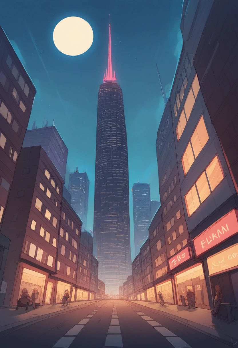 Animated style of A 2D city at night in New York that shines with blue tones and from a perspective above the city also a full moon at the top right and a text that says The city that shines and at the bottom right says Jozlyn too some animated woman eyes under the big text in the middle Few buildings