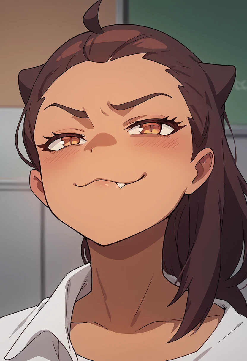 Anime android spy girl, brown skin latina, smug face, evil and scatterbrained, envious and sexy