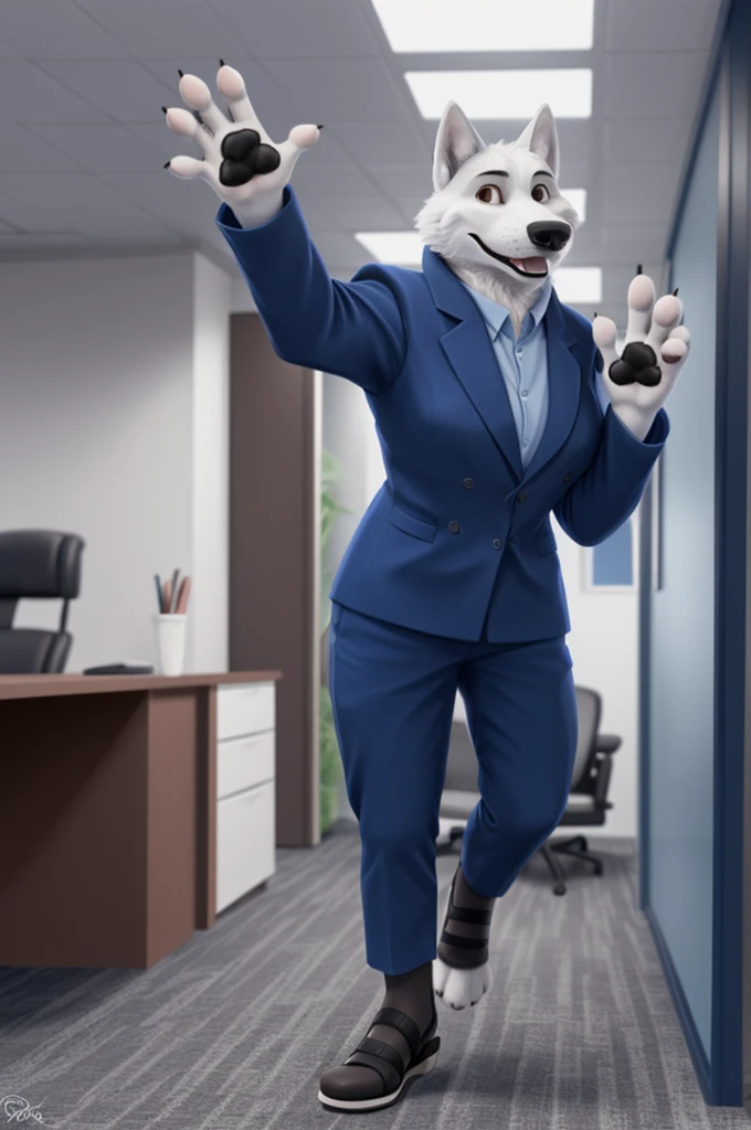Barbara\(Moscow\), (white body:1.3), White fur, Brown eyes, Moscow, dressed, blazer, shirt,trousers,BLUE,open heel sandals, canine, wolf, detailed fur, female, breast, second, paw pads, finger claws, waving, waving at viewer, 5 fingers, paws, 4 toes,ring,
BREAK from nextel, for dating, by xenoforge, (difficult, high detail, film photography, soft focus, RAW Сидит,Office,
photorealism, realistic, photorealistic, digital style, Subsurface scattering,
masterpiece, Best quality, ultra realistic, 8 thousand.)