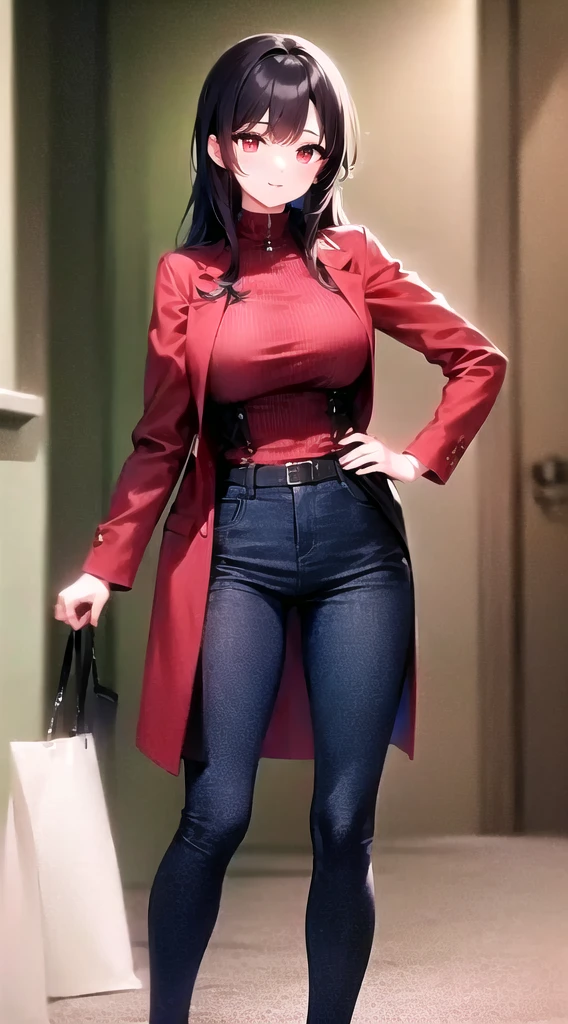 A woman in a red jacket and blue pants is posing, Official character art, One character's whole body, as an Anime characters, Official Art, female Anime characters, Anime characters, Chihiro! fujisaki, shuushuu anime image, Inspired by Tessai Tomioka, tsubasa nakai's style, I also make fan art