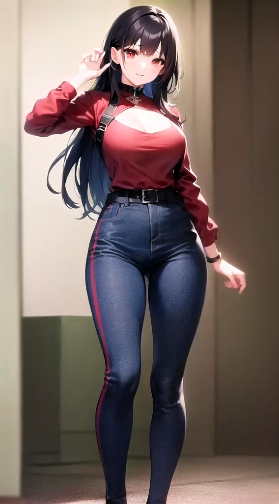 A woman in a red jacket and blue pants is posing, Official character art, One character's whole body, as an Anime characters, Official Art, female Anime characters, Anime characters, Chihiro! fujisaki, shuushuu anime image, Inspired by Tessai Tomioka, tsubasa nakai's style, I also make fan art