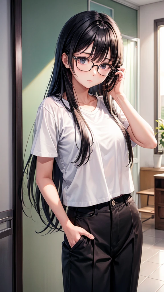 base、Plain white t-shirt、Long Hair、Black trousers、Glasses、woman