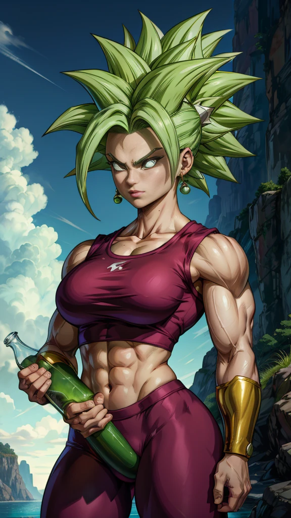 Muscular woman, with spiky green hair, white eyes, wearing a gym outfit, Kale Dragonball super, legendary super saiyan, green, with an erect penis volume showing on the clothes, Holding a glass full of Of a thick 