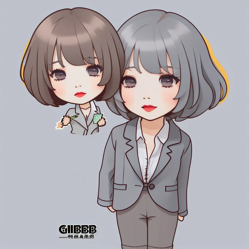 masterpiece, Highest quality, Very detailed,1 girl ,(chibi:1.4),((Flat Design)),simple background, full body, standing,(forehead),(very short hair:1.3),((extra short)),brown hair,black eyes,((whitetunic blouse)),office lady,(gray blazer:1.5),(gray pants:1.2)