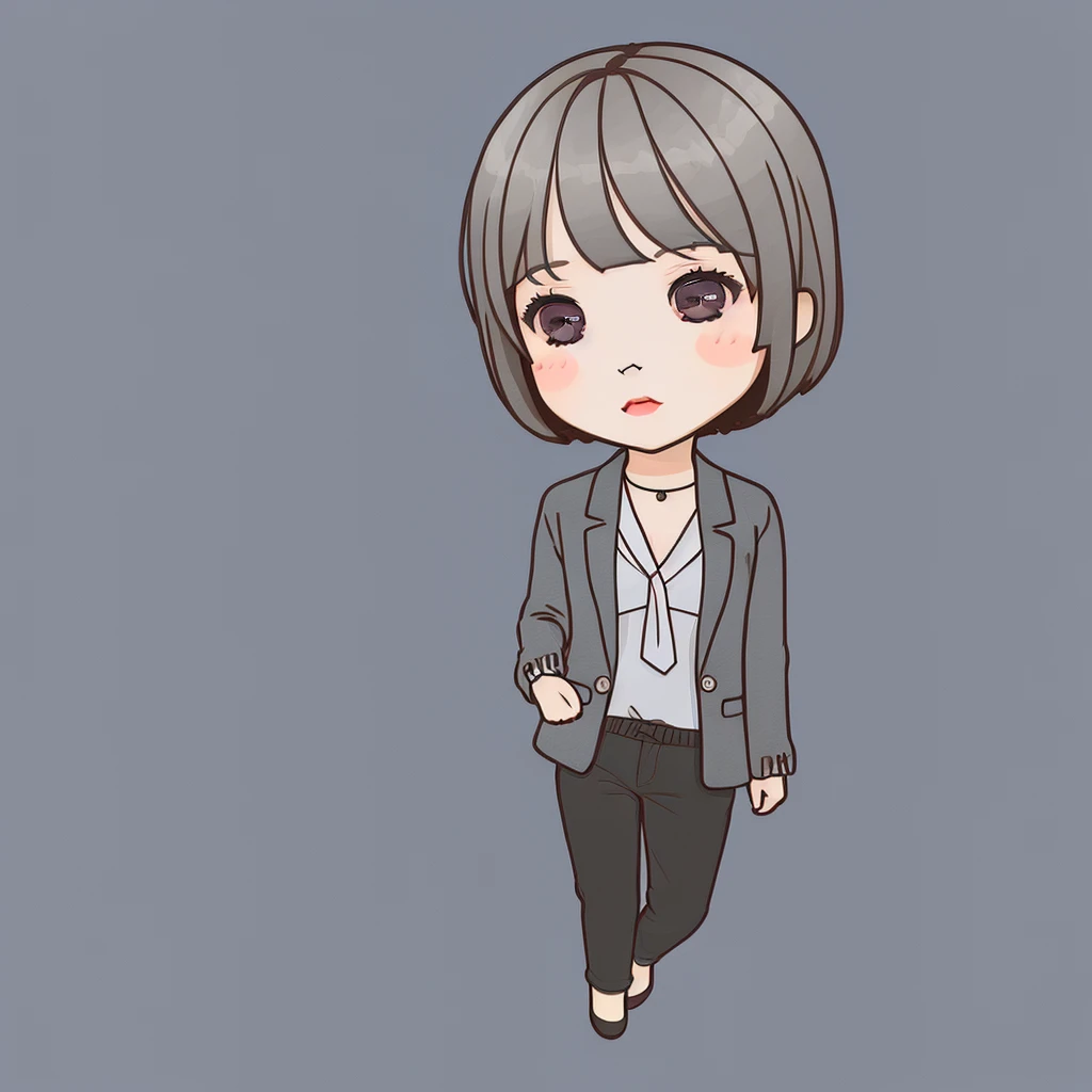 masterpiece, Highest quality, Very detailed,1 girl ,(chibi:1.4),((Flat Design)),simple background, full body, standing,(forehead),(very short hair:1.3),((extra short)),brown hair,black eyes,((whitetunic blouse)),office lady,(gray blazer:1.5),(gray pants:1.2)