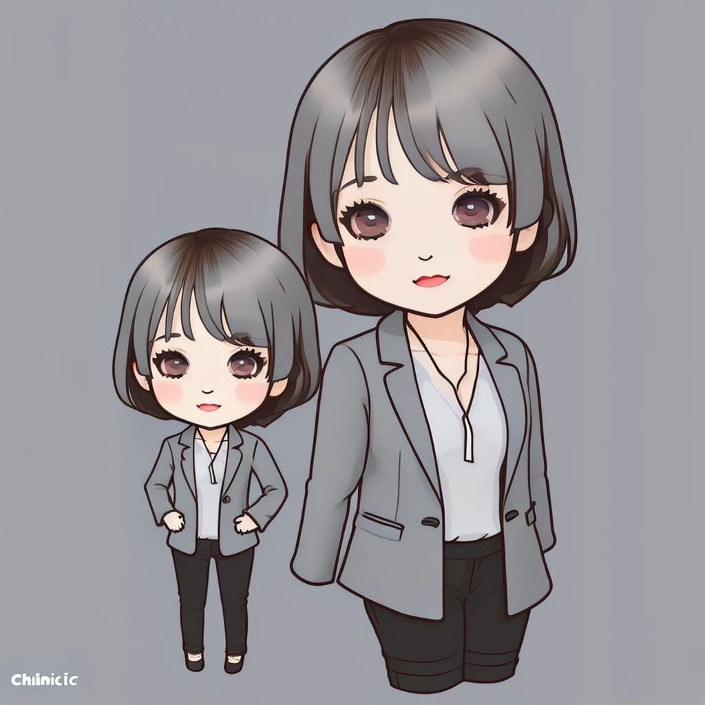 masterpiece, Highest quality, Very detailed,1 girl ,(chibi:1.4),((Flat Design)),simple background, full body, standing,(forehead),(very short hair:1.3),((extra short)),brown hair,black eyes,((whitetunic blouse)),office lady,(gray blazer:1.5),(gray pants:1.2)