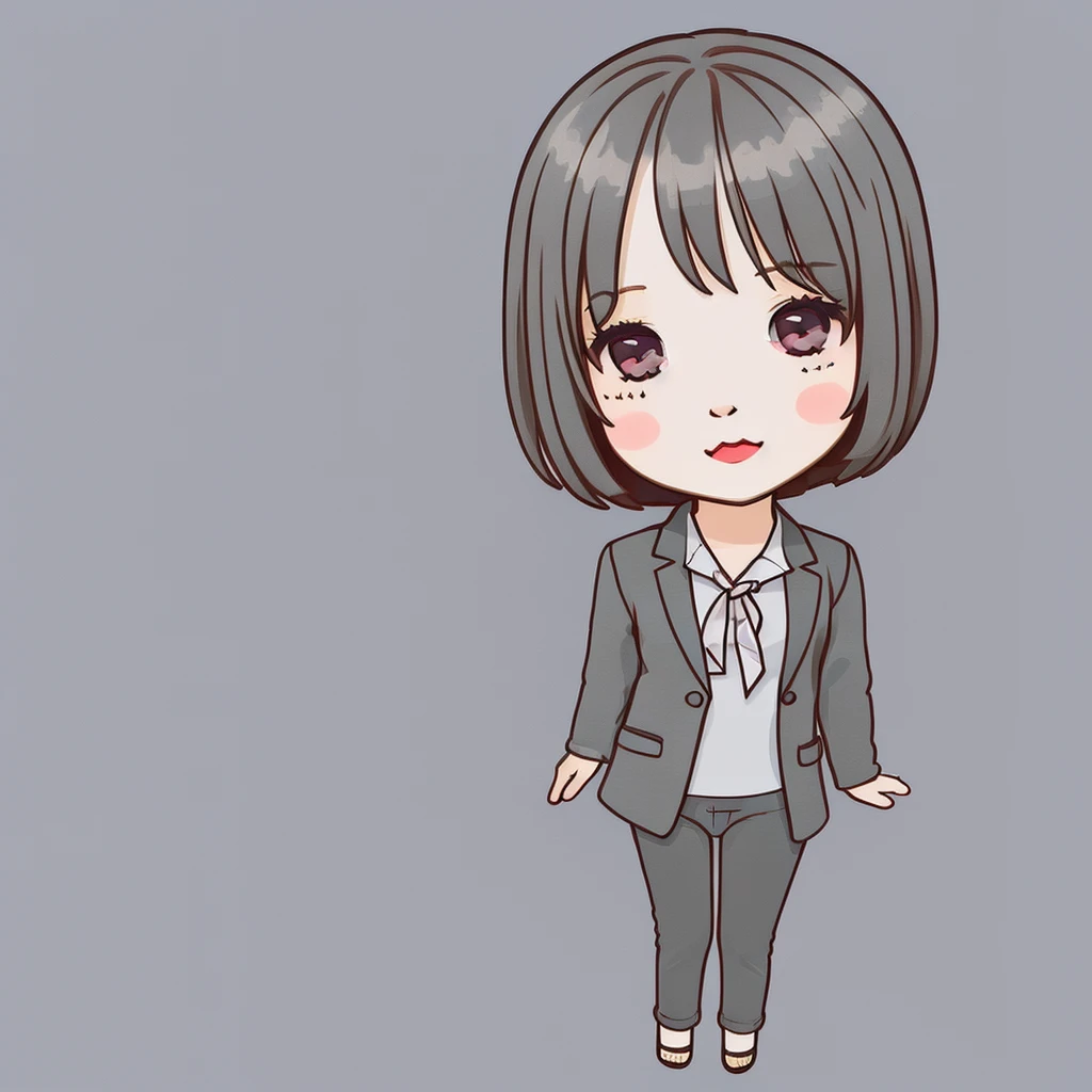 masterpiece, Highest quality, Very detailed,1 girl ,(chibi:1.4),((Flat Design)),simple background, full body, standing,(forehead),(very short hair:1.3),((extra short)),brown hair,black eyes,((whitetunic blouse)),office lady,(gray blazer:1.5),(gray pants:1.2)