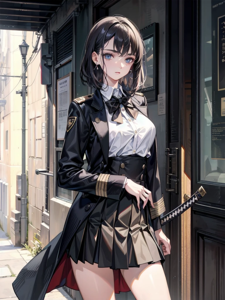 absurdres, RAW photo, extremely delicate and beautiful, masterpiece, Best Quality, ultra high resolution, 32k, hyperrealistic, ultra-detailed, perfect anatomy, anatomically correct, perfect figure, Perfect Style, Perfect balance, super Detailed skin, in her 30s, very Slim body, narrow waist, very small head, very small face, delicate facial features, handsome detailed woman, very detailed eyes and face, realistic face proportions, Realistic beautiful face, Realistic beautiful eyes, tearful mole, earring, big tits, whole body shot, medium hair, indoor, long military jacket, (holding broad katana:1.2), (school_uniform:1.2), skirt, dress shirt,
