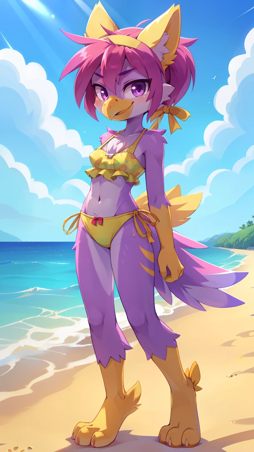 score_9,score_8_up,score_7_up, source_cartoon, source_furry, Furry girl, bird, yellow bird beak, magenta hair, short spiky hairstyle, short spiky ponytail, anime style, small breasts, purple eyes, big eyebrows, animal ears, ((bright yellow swim top and ruffled swim bottom, colorful pattern, yellow headband with ribbon)), high quality, detailed body, detailed eyes, detailed face, masterpiece, glistening body, detailed body fur, best quality, clear purple body fur, skinny, back avian wings, avian, detailed hands, perfect lighting, perfect shadows, perfect eyes, perfect hair, perfect face, gorgeous body, full body, ((yellow feets, feets with three toes, 3 toes)), smirk, beach, clear sky, standing,