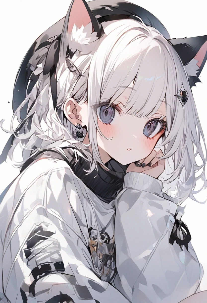 One Girl、White Hair、Bob Hair、Cat ear、black eye、Black Beret、White ribbon、White coat with black ribbon sweatshirt、Perfect Face、Perfect Eyes、Perfect Mouth、Perfect Nose、cute、black eye、Iris、White Hair、cute、White background、White background