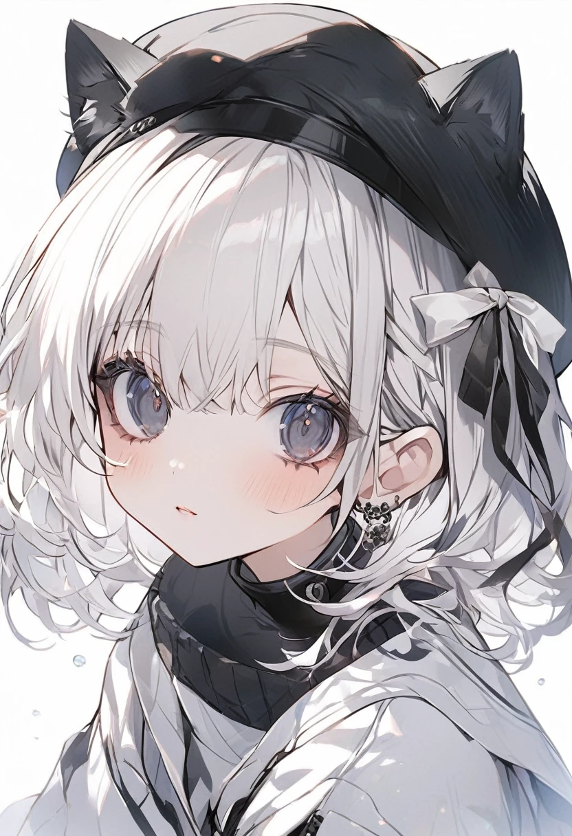 One Girl、White Hair、Bob Hair、Cat ear、black eye、Black Beret、White ribbon、White coat with black ribbon sweatshirt、Perfect Face、Perfect Eyes、Perfect Mouth、Perfect Nose、cute、black eye、Iris、White Hair、cute、White background、White background