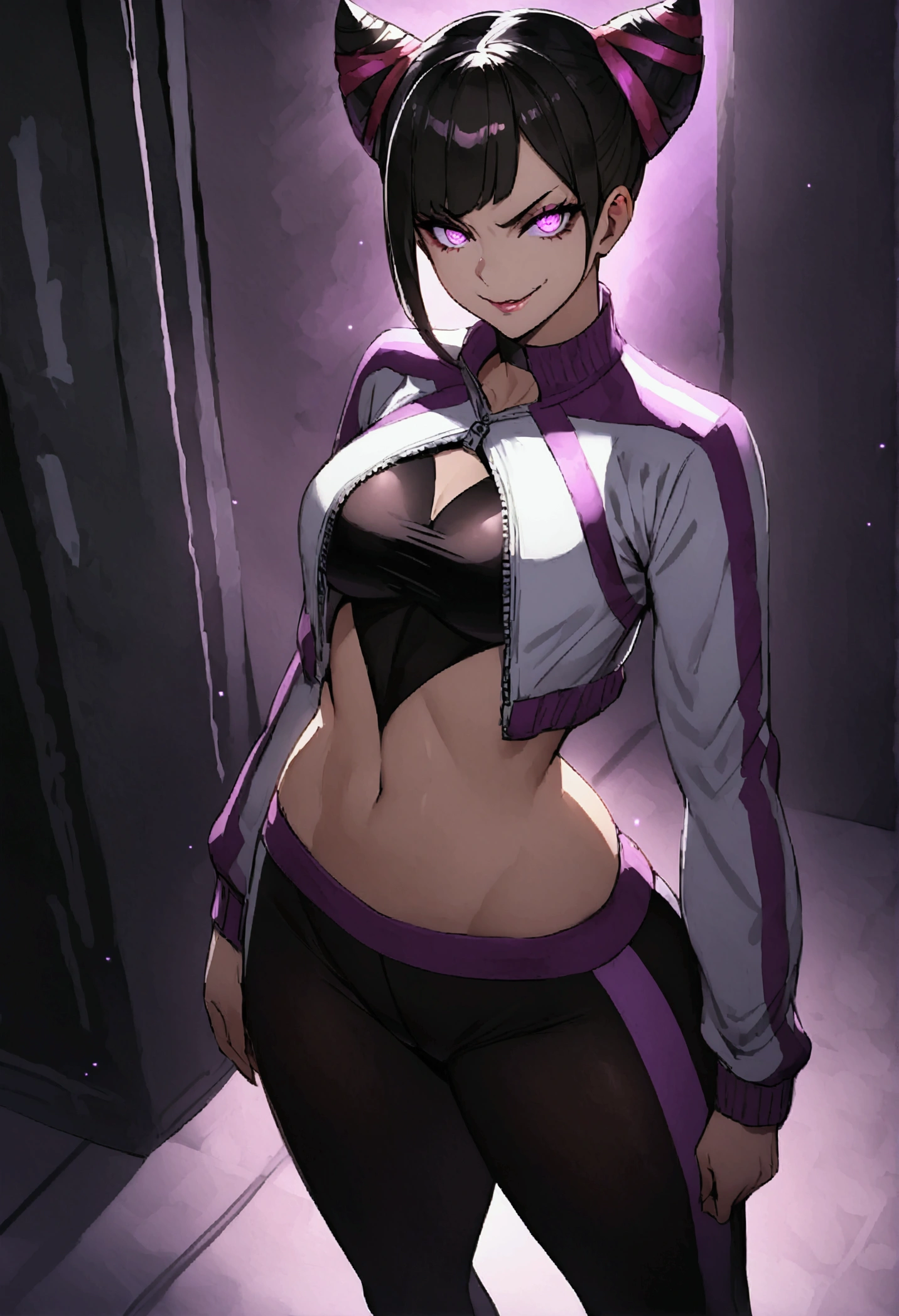 dark eye shadow,shining eyes,beautiful young fitness woman with , in a gym wearing May with black pantyhose, tight white and purple gym jacket. standing alone,hair horns,glowing purple eyes,Evil smile,legging preto ,labiaa,dark eye shadow,shining eyes