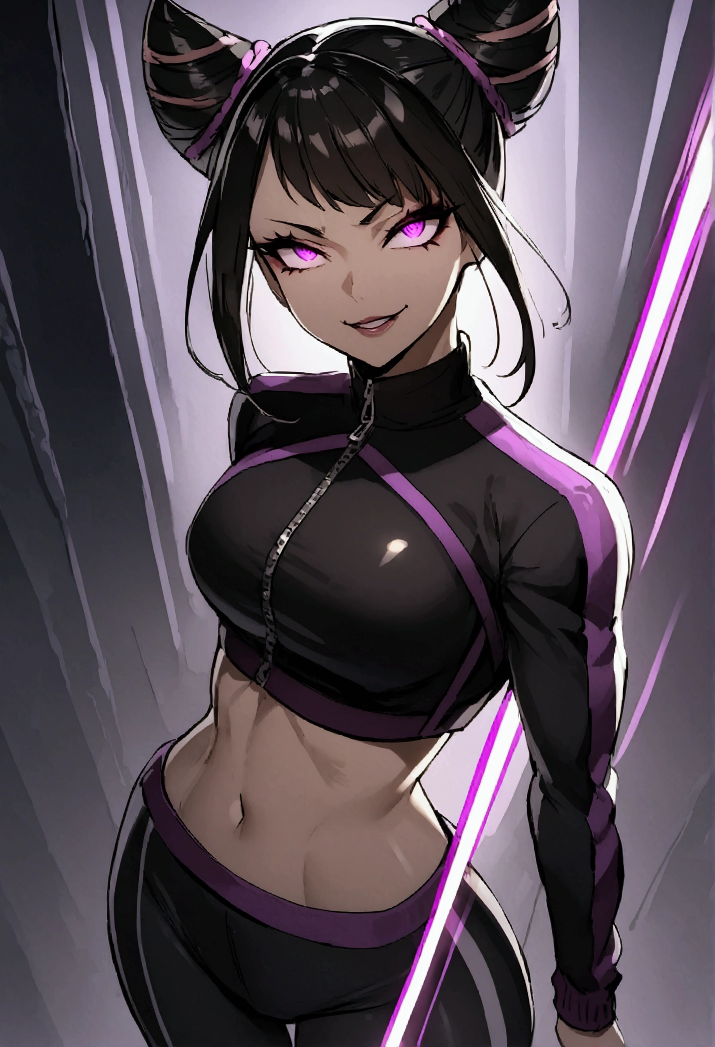 dark eye shadow,shining eyes,beautiful young fitness woman with , in a gym wearing May with black pantyhose, tight white and purple gym jacket. standing alone,hair horns,glowing purple eyes,Evil smile,legging preto ,labiaa,dark eye shadow,shining eyes
