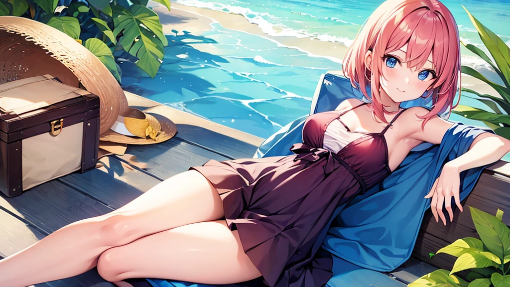 one Beautiful anime girl, young, summer vacation lookbook