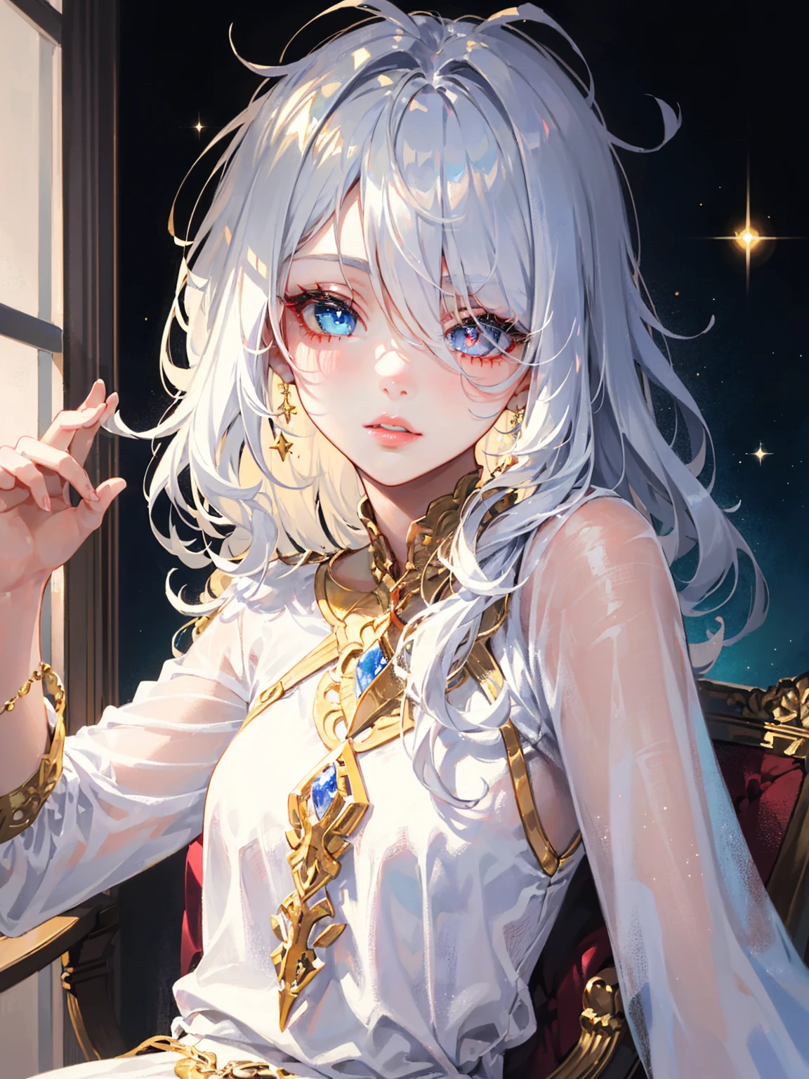 nordic young woman, cute face, seductive, best quality, masterpiece, golden jewelry, white and golden clothes, (golden clothes:1), (white clothes:1.3), golden ornaments, shiny silk, golden stripes clothes, detailed textures, posing, casual pose, [blush], aesthetic, intricate, caustics, light rays, sunlight, (((soft lips))), (((glossy lips))), highly detailed, (semi-realistic:1.2), niloudef, detailed iris, sparkle eyes, star in eyes, enchanting blue eyes, (multicolored eyes), (shining dust), (heterochromia), (golden hair:1.3), (messy hair:1.3), (hair between eyes), (hair over one eye), (wavy hair:1.1), perfect legs