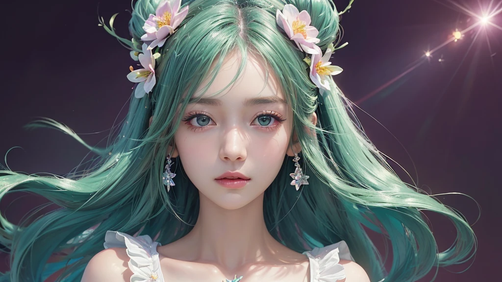 One girl, alone, flower畑, flower, (Official Art, unity 8k wallpaper, Super detailed, beautifully、aesthetic, masterpiece ,Highest quality:1.3), (Dynamic Angle:1.2), (Floating colorful sparkles:1) , elegant, Vibrant colors, Highly detailed face, Detailed eyes, Glowing Skin, Glossy Lips , Pale green background,