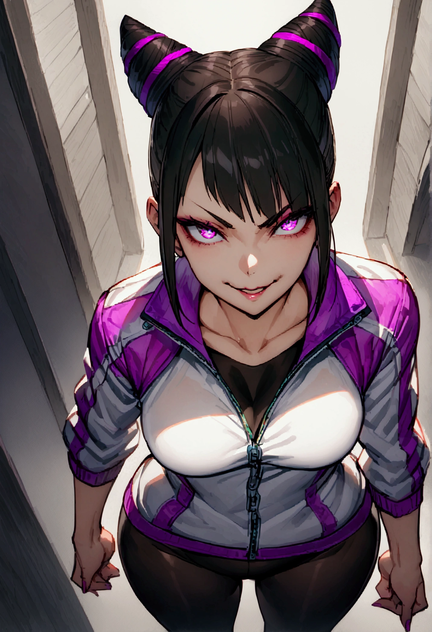 dark eye shadow,shining eyes,beautiful young fitness woman with , in a gym wearing May with black pantyhose, tight white and purple gym jacket. standing alone,hair horns,glowing purple eyes,Evil smile,legging preto ,labiaa,dark eye shadow,shining eyes