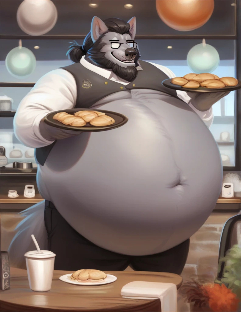 score_9, score_8_up, score_7_up, score_6_up, score_5_up, score_4_up, desolate, detailed background, cafe, anthro wolf, male, gray fur color, hair in low ponytail, beard, mature glasses, button up vest with tie, slacks, holding tray with coffee, smiling, fullbody, inflating, hyper belly