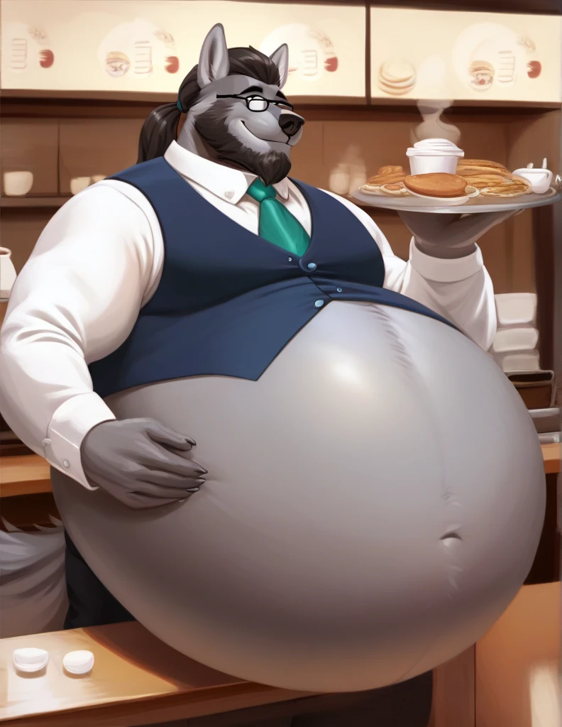 score_9, score_8_up, score_7_up, score_6_up, score_5_up, score_4_up, desolate, detailed background, cafe, anthro wolf, male, gray fur color, hair in low ponytail, beard, mature glasses, button up vest with tie, slacks, holding tray with coffee, smiling, fullbody, inflating, hyper belly