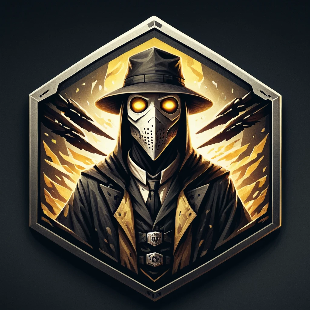 ultra high resolution, detailed, best quality, badgetype,solo badge,counter strike2 type badge,solo,looking at viewer,yellow eyes,1boy,male focus,no humans,mask,glowing,white background,portrait,straight-on,plague doctor, hat, solo, cloak, premium quality