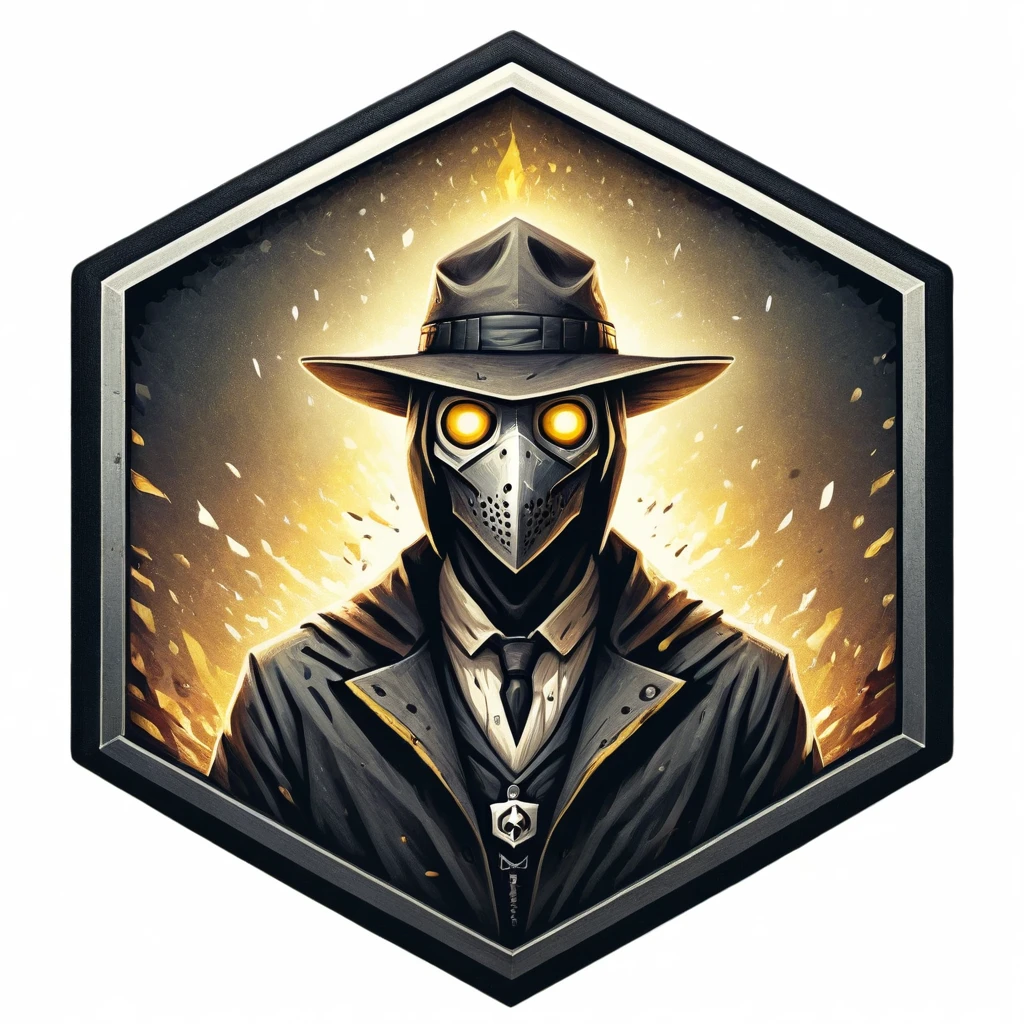 ultra high resolution, detailed, best quality, badgetype,solo badge,counter strike2 type badge,solo,looking at viewer,yellow eyes,1boy,male focus,no humans,mask,glowing,white background,portrait,straight-on,plague doctor, hat, solo, cloak, premium quality