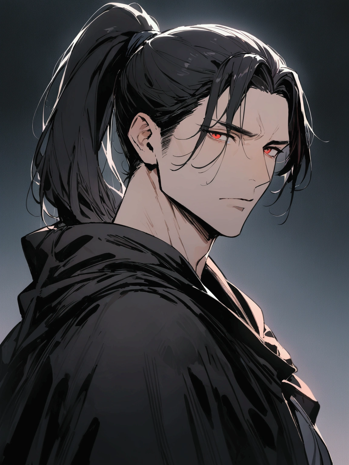 ((masterpiece)), ((best quality)), (from front:1.36), (close-up), (half-body shot:1.4), 1man, adult male, mature male, perfect jawline, solo, ponytail tied long black hair, red eyes, plain black cloak, looking at viewers