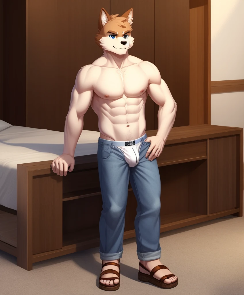 Anthropowolf man in white underwear, shirtless, knee-length denim trousers, brown sandals, 