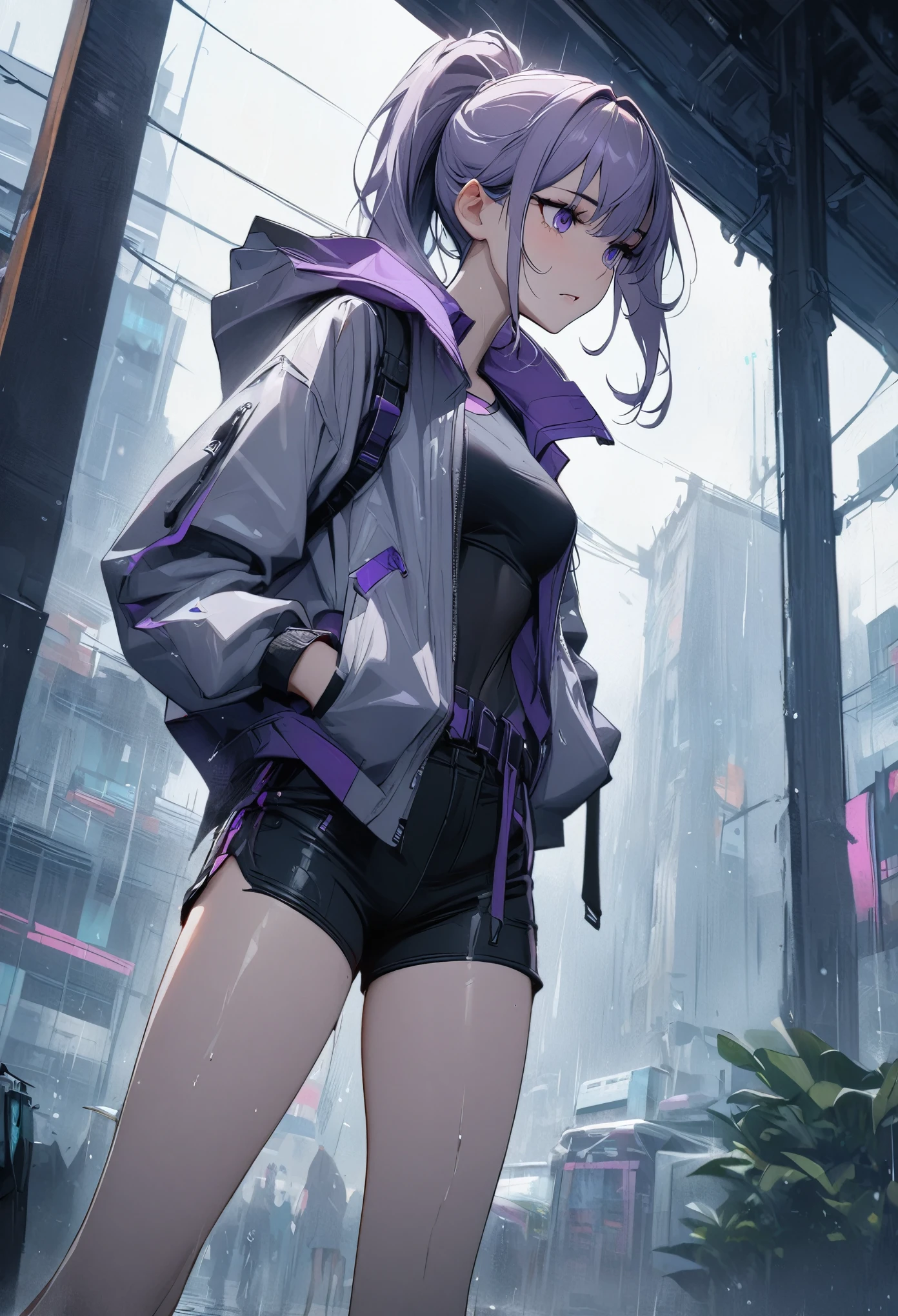 Young girl lavender hair high ponytail purple eyes cyberpunk functional jacket shorts high quality masterpiece rainy day