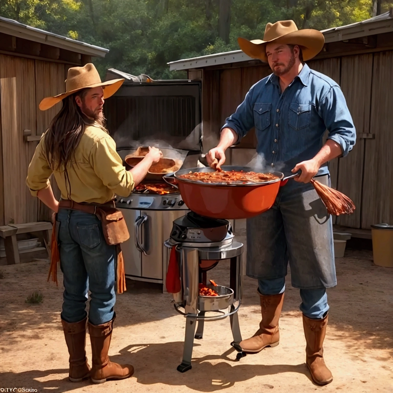 Two cowboys, One is grilling barbecue, The other is making chili in a dutch oven, hat, boots, 2horses, outdoor, realistic, hyper-realistic, photorealistic,ultra-detailed,(realistic,photorealistic,photo-realistic:1.37),vivid colors,dramatic lighting,