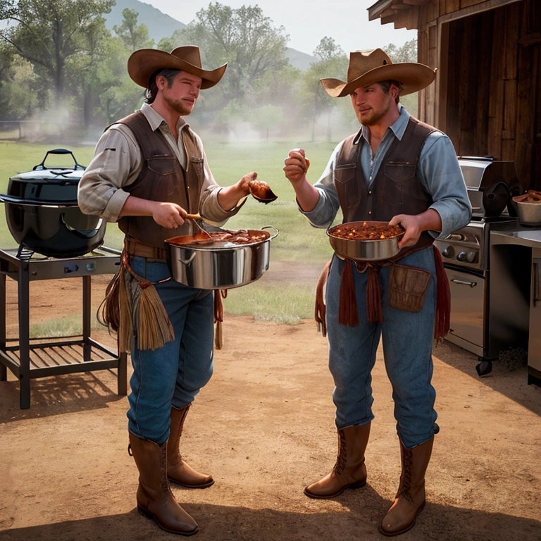 Two cowboys, One is grilling barbecue, The other is making chili in a dutch oven, hat, boots, 2horses, outdoor, realistic, hyper-realistic, photorealistic,ultra-detailed,(realistic,photorealistic,photo-realistic:1.37),vivid colors,dramatic lighting,
