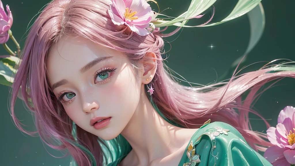 One girl, alone, flower畑, flower, (Official Art, unity 8k wallpaper, Super detailed, beautifully、aesthetic, masterpiece ,Highest quality:1.3), (Dynamic Angle:1.2), (Floating colorful sparkles:1) , elegant, Vibrant colors, Highly detailed face, Detailed eyes, Glowing Skin, Glossy Lips , Pale green background,